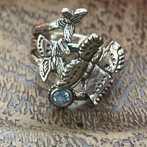 Gorgeous Detailed Ring Israel 925 Silver Butterfly Design w/ Blue Gemstone SZ 9